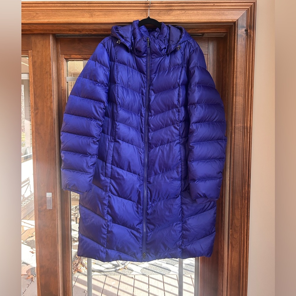 Land's End Blue Long Down Winter Womens Medium Coat Puffer Removable Hood  Zip